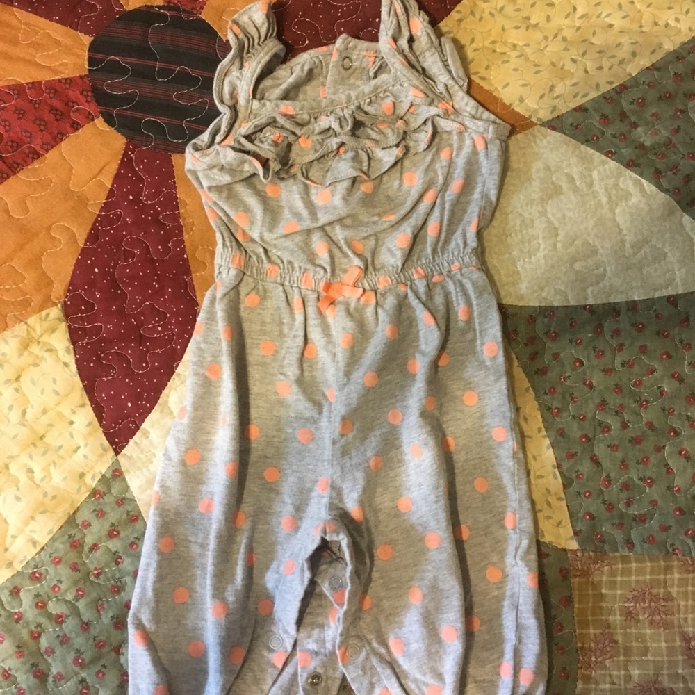 Gray romper with peach polka dots
